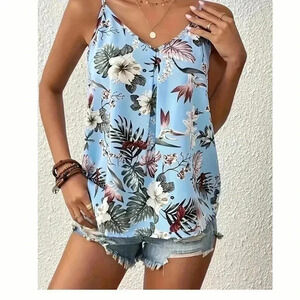 Floral & Leaf Light Blue Summer Top Size 8/10